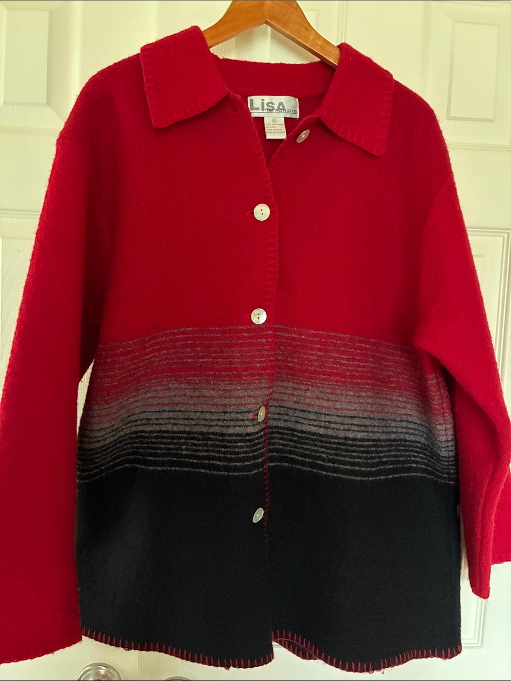 VTG Lisa International XL  Boiled Wool  Red Ombre to Black Button-Up Cardigan